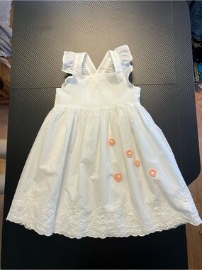 White Ruffled Strap Girls' All Cotton Dress with Embroidery